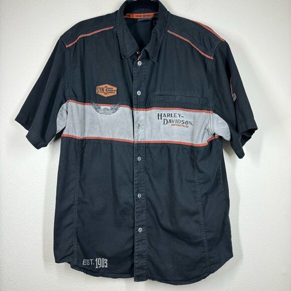 Harley Davidson Garage Shop Shirt Button Down Short Sleeve Motorcycle Mens Large - Picture 1 of 11